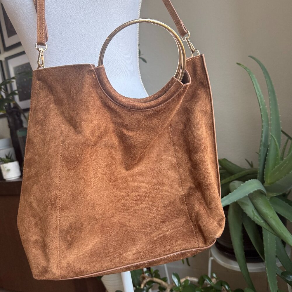 Banana Republic Brown Vegan Suede Satchel with brass/gold handles- NEVER USED